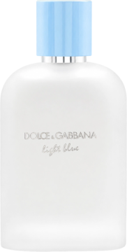 Dolce & Gabbana Light Blue Pour Homme, biała matowa butelka wody toaletowej z błękitną nakrętką, widok z przodu.