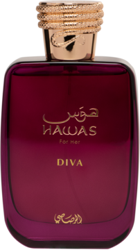 Perfumy Hawas Diva for Her Al Rasasi w prostokątnej, bordowej butelce ze złotym, zdobionym korkiem, widok z przodu.