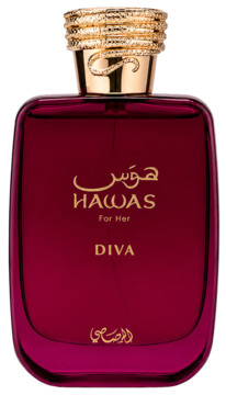 Rasasi Hawas Diva, owocowo-kwiatowa woda perfumowana w burgundowej butelce z rzeźbionym złotym korkiem, przód.