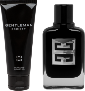 Zestaw Givenchy Gentleman Society: czarny żel pod prysznic w tubie i flakon perfum, widok z przodu.