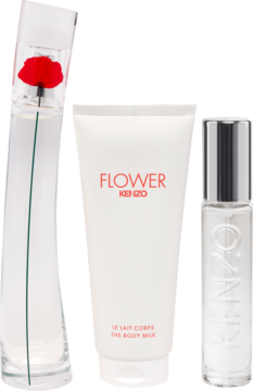 Zestaw Kenzo Flower: wysokie perfumy z czerwoną makową ozdobą, balsam w białej tubce i mała butelka zapachu.