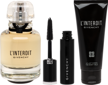 Givenchy L'Interdit: zestaw perfum w jasnobursztynowej butelce, czarnego balsamu do ciała i pomadki.