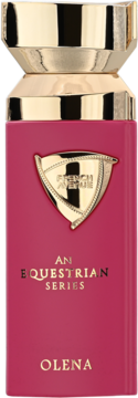 Olena French Avenue An Equestrian Series perfumy, butelka w kolorze fuksji ze złotym detalem i nakrętką, widok z przodu.
