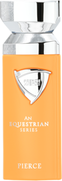 Pomarańczowa butelka perfum An Equestrian Series Pierce z lśniącym srebrnym korkiem i tarczą, widok z przodu.