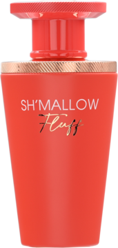 Koralowy flakon perfum SH'MALLOW Fluff o zwężanym kształcie, z białym i złotym napisem, złotą obwódką, widok z przodu.