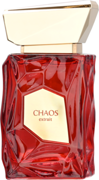 Luksusowy flakon perfum CHAOS extrait, z czerwonego fasetowanego szkła i złotą geometryczną nakrętką, widok z przodu.