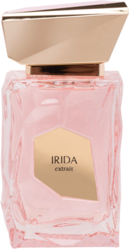 Perfumy IRIDA extrait w różowej butelce o fasetowanym szkle z geometryczną złotą nakrętką, widok z przodu.