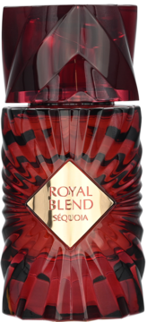 Perfumy ROYAL BLEND SÉQUOIA w czerwono-czarnej butelce z geometryczną nakrętką i złotą etykietą, widok z przodu.