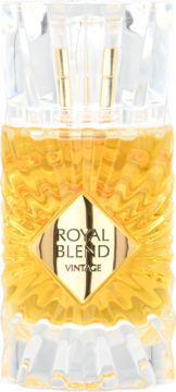 Elegancka butelka perfum Royal Blend Vintage. Bursztynowy płyn, fasetowane szkło i złota etykieta, widok z przodu.