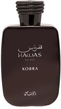 Ciemnobrązowa butelka perfum Hawas for Him Kobra z czarnym, teksturowanym korkiem, widok frontalny.