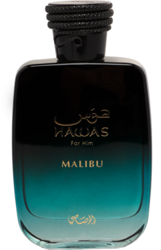 Perfumy Hawas for Him Malibu w czarno-turkusowej butelce z gradientem, z plecionym korkiem, widok z przodu.