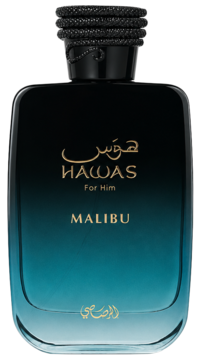 Rasasi Hawas Malibu męskie perfumy, flakon ombre czarno-turkusowy, z teksturowanym korkiem, widok z przodu.