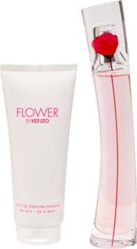Zestaw Flower by Kenzo: różowy flakon perfum z czerwonym makiem i biała emulsja do ciała w tubce, widok z przodu.