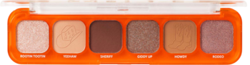 Paleta cieni Trouble Maker Cowboy: otwarta, 6 brązowych, miedzianych cieni (mat i błysk) w pomarańczowej obudowie.