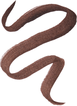 Brązowy eyeliner Trouble Maker Outsider Liner: ciemnobrązowa, matowa smuga na żywym, żółtym tle.