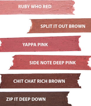 Kremowe konturówki Trouble Maker: próbki 6 odcieni, w tym Ruby Who Red, Yappa Pink, Chit Chat Rich Brown.