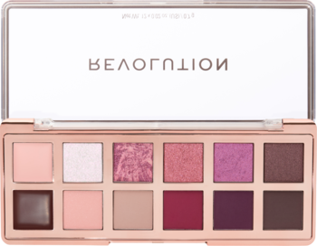 Paleta Revolution Rich Berry, 12 cieni matowych i błyszczących w odcieniach różu, śliwki, brązu, w różowo-złotym etui.