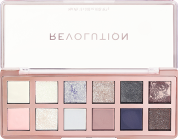Paleta cieni Revolution Ethereal Nudes otwarta, z 12 beżowo-różowymi i szarymi cieniami matowymi/błyszczącymi. Rose gold.