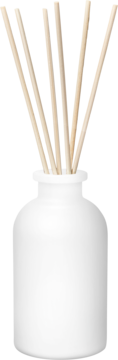 Dyfuzor zapachowy Shimei. Biała, minimalistyczna butelka z patyczkami, izolowany widok z przodu.