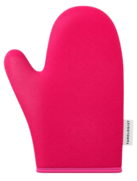 Jaskraworóżowa, miękka rękawica TANOLOGIST do aplikacji samoopalacza na ciało, widok z przodu. Gładkie wykończenie.