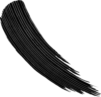 Czarna, gruba smuga tuszu do rzęs L'Oréal Paris Big Deal, bez grudek, na białym tle, widok z bliska.