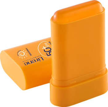 Dwa pomarańczowe transparentne sztyfty przeciwsłoneczne Lirene SPF 50+, jeden leżący, jeden stojący z logo.