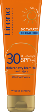 Pomarańczowa tubka Lirene Sun Expert SPF 30 do twarzy, ultralekki hialuronowy krem-żel, widok z przodu.