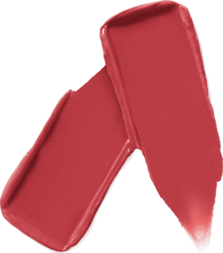 Kremowe smugi koralowej szminki Maybe It's Maybelline New York o satynowym wykończeniu na białym tle.