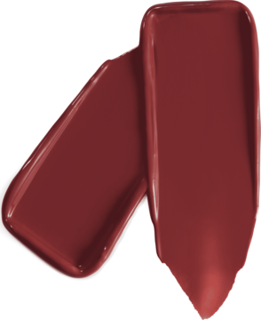 Swatche satynowej szminki Maybe It's Maybelline New York w odcieniu ceglastej czerwieni na białym tle, widok z góry.