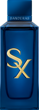 Granatowa butelka perfum Banderas SX z nutami grejpfruta i kardamonu, złote logo SX, widok z przodu.