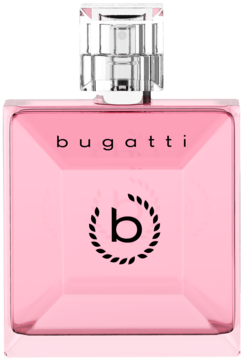 Różowa butelka perfum Bugatti Rosa For Her, kwadratowa, ze srebrną nakrętką, widok z przodu, logo 'b'.