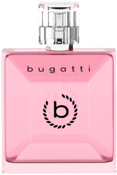 Damska woda perfumowana Bugatti Rosa For Her, różowa butelka z logo 'b' i napisem 'bugatti', widok z przodu.