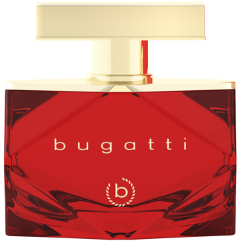 Bellisima Rossa Bugatti, perfumy kwiatowo-owocowe w czerwonej butelce z logo 'bugatti' i złotą zakrętką.