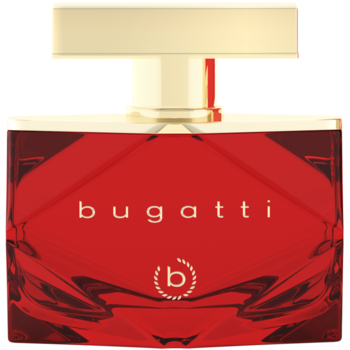 Czerwona butelka damskiej wody perfumowanej Bugatti Bellissima Rossa, złoty korek, zapach owocowo-kwiatowy.