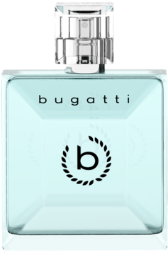 Bugatti BLU FOR HER kwiatowo-zielona woda perfumowana, jasnoniebieska butelka z czarnym logo 'b' i napisem 'bugatti'.