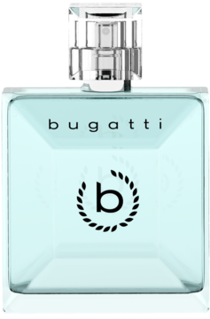 Bugatti Blu For Her woda perfumowana w prostokątnej, jasnoniebieskiej butelce z logo "b" i przezroczystą nakrętką.