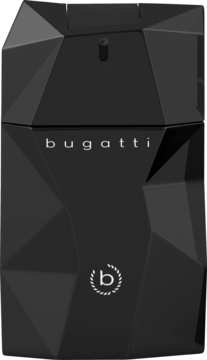 Bugatti Unlimited Black, męska woda perfumowana o zapachu orientalno-drzewnym w czarnej, fasetowanej butelce, widok z przodu.