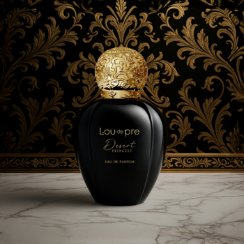 Czarne perfumy Desert Princess Lou de Pre, butelka z falistą strukturą i złotym zdobionym korkiem, na tle czarno-złotego wzoru.