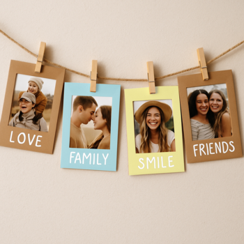 Happy Color: cztery kartonowe ramki na zdjęcia 13x18cm w mixie kolorów, z napisami i zdjęciami, wiszące na sznurku.