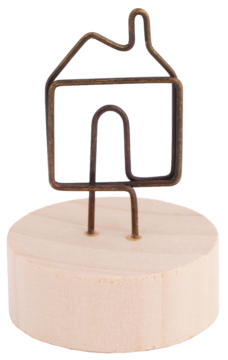 Happy Color, Uchwyt na zdjęcia: metalowy drucik w kształcie domu na drewnianym krążku, widok z przodu.