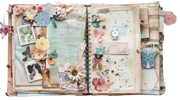 Otwarty album scrapbookingowy, zdobiony pastelowymi kwiatami, motylami i błyszczącymi elementami. Zestaw Happy Color.