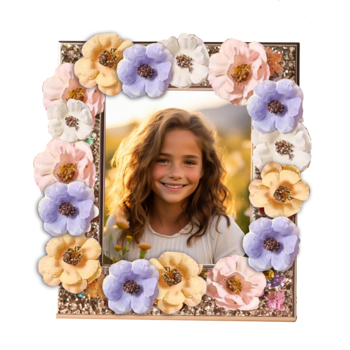 Zestaw Happy Color mini kwiatów pastelowych dekoruje ramkę z brokatem, otaczając zdjęcie uśmiechniętej dziewczynki.