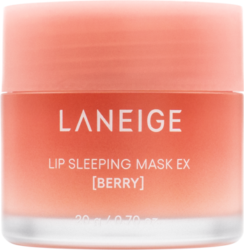 Laneige Lip Sleeping Mask EX Berry w matowym, różowo-brzoskwiniowym słoiczku, widok z przodu, na noc, nawilżająca.