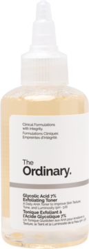 The Ordinary Glycolic Acid 7% Exfoliating Toner w przezroczystej butelce z żółtym płynem i białą etykietą, widok z przodu.