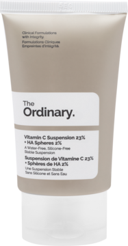 Tubka The Ordinary Vitamin C Suspension 23% + HA Spheres 2%, jasnoszara, widok z przodu z białą etykietą.