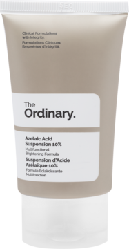 Beżowa, matowa tubka The Ordinary Azelaic Acid Suspension 10% z białą etykietą, widok z przodu.