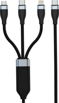 Czarny pleciony kabel USB, wielofunkcyjny, z dwoma złączami USB-C i jednym Lightning, widok z przodu.