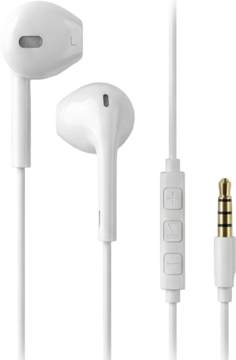 Białe słuchawki douszne z przewodem, pilotem i złotą wtyczką jack 3.5mm, widok z bliska.