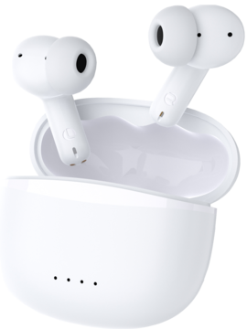 Białe bezprzewodowe słuchawki douszne TWS w otwartym etui ładującym, widok z góry pod kątem.