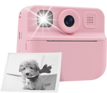 Różowy aparat natychmiastowy z błyskiem, obiektywem i wydrukowanym zdjęciem białego szczeniaka w porożu. Widok z przodu.